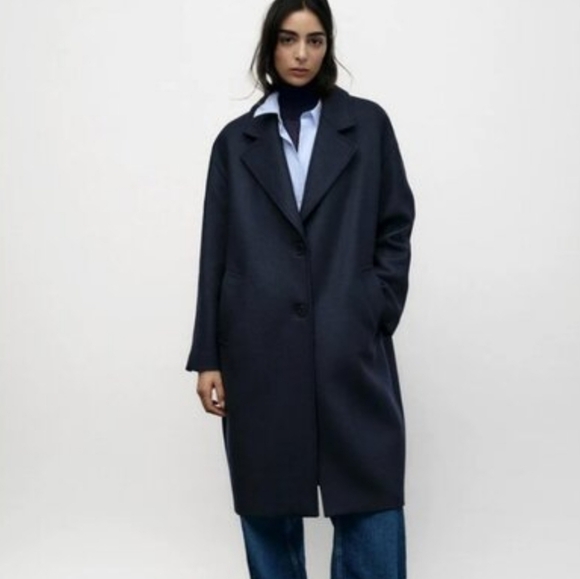 Zara Jackets & Blazers - Zara Navy Blue Wool Blend Oversized Coat Overcoat Pea Coat M